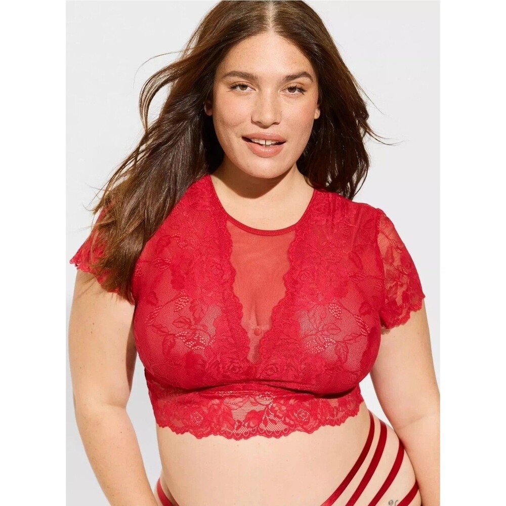 Torrid Floral Red Lace Mesh Short Sleeve Crop Top 1X US 14/16 Bralette Sheer Hot